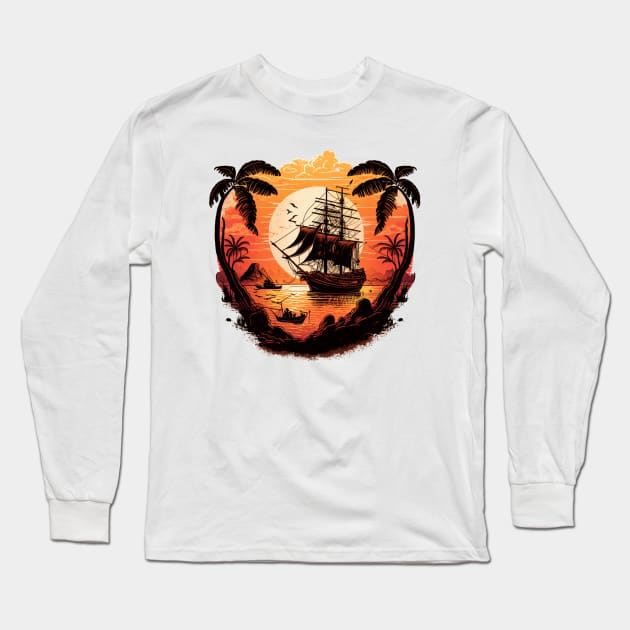 Vintage Sunset Raiders: A Pirate Ship Adventure Long Sleeve T-Shirt by King Hoopoe